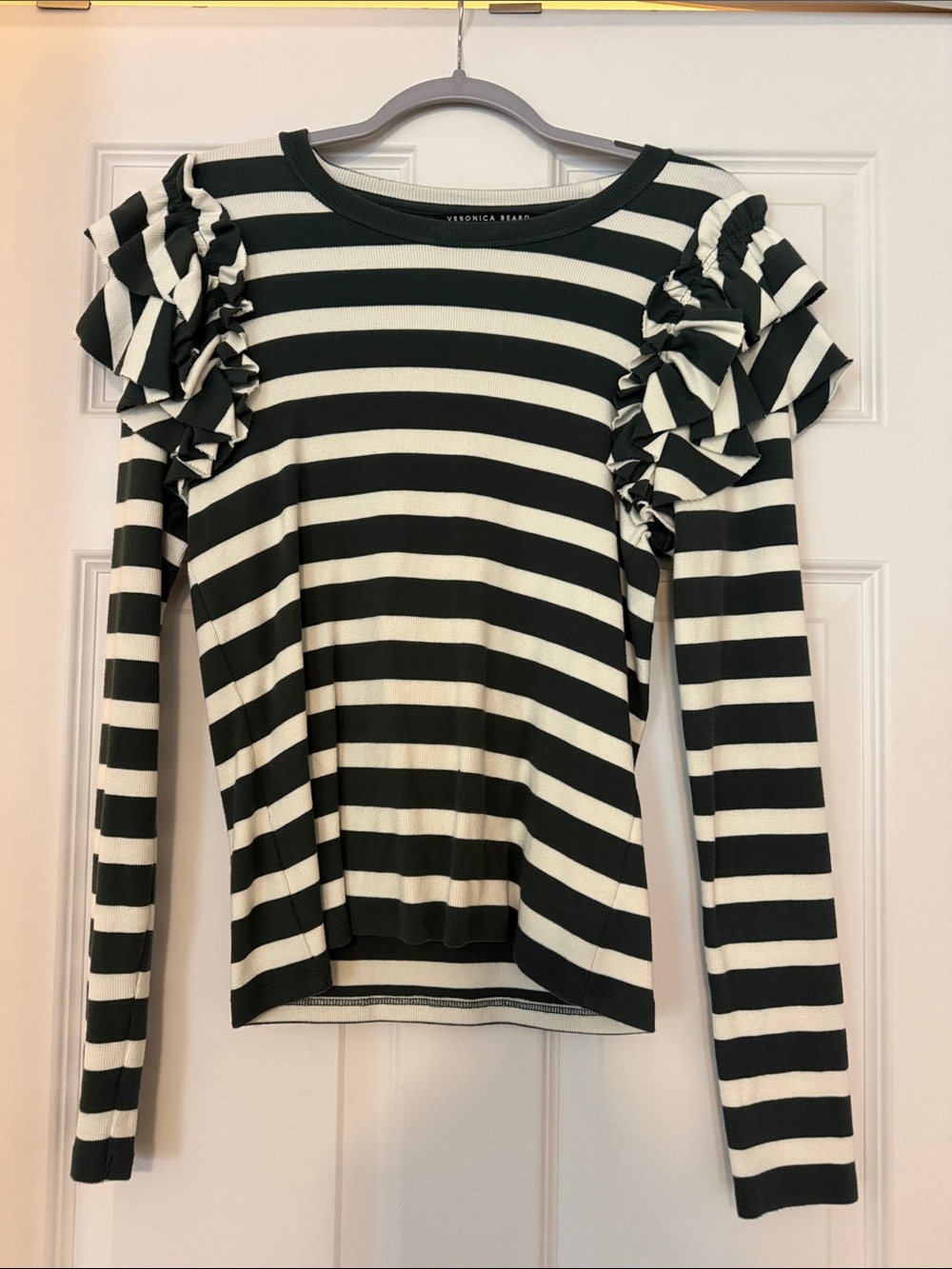 Veronica Beard Black and White Striped Ruffle-Shoulder Long Sleeve Top